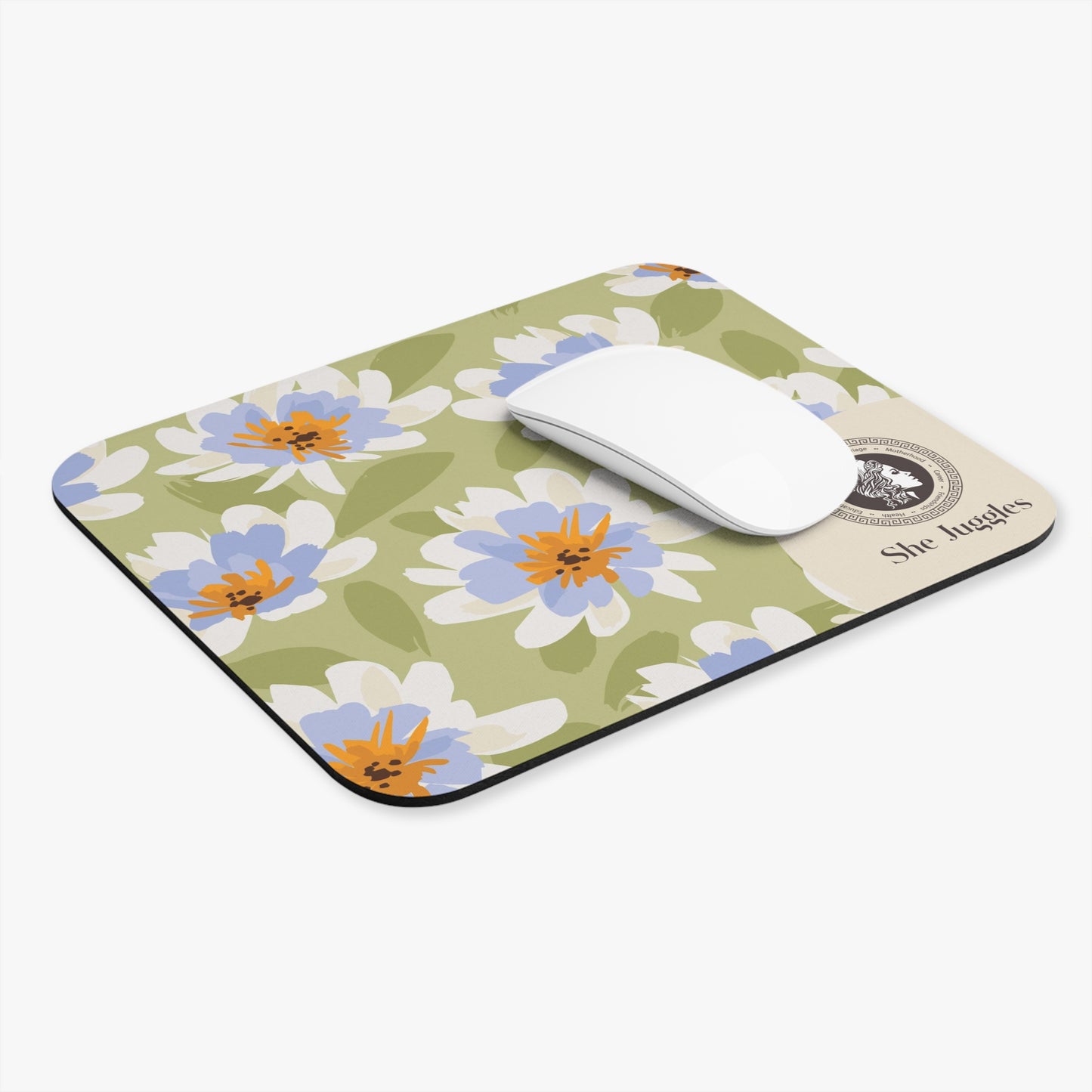 White Floral She Juggles Mouse Pad