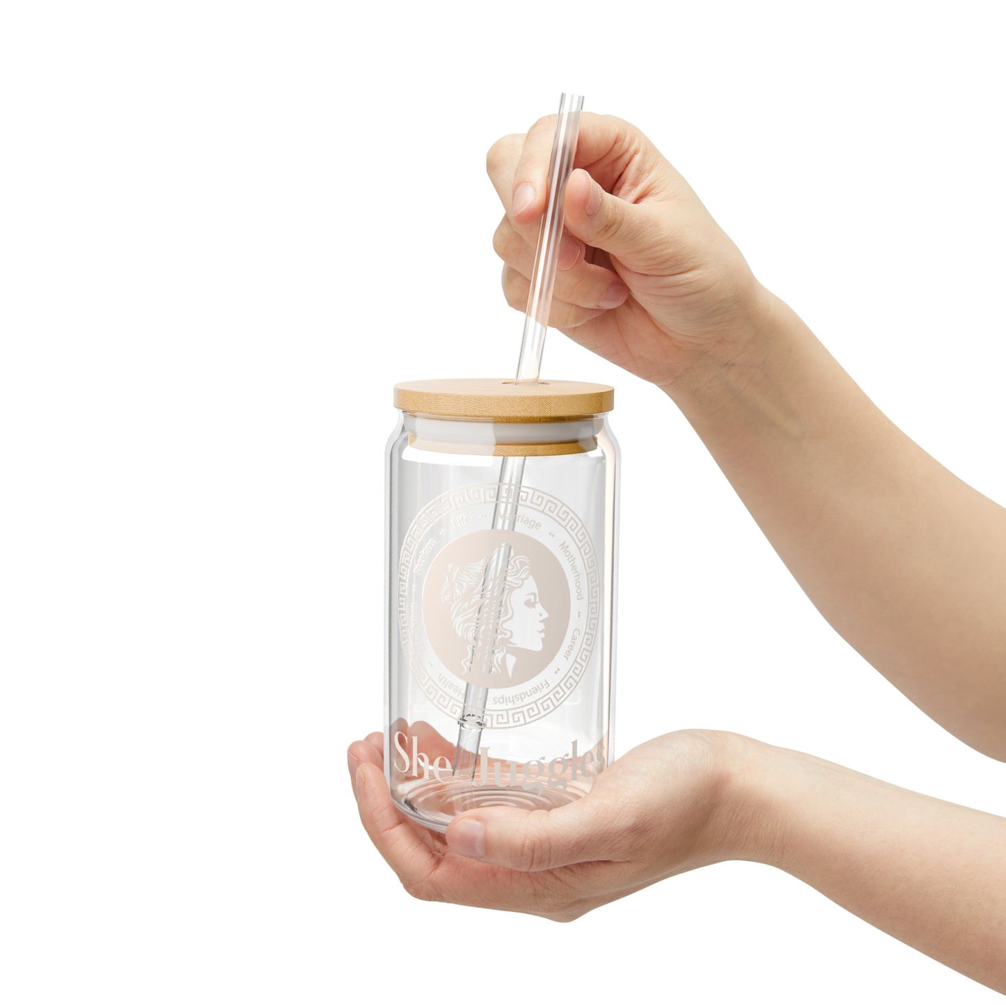 She Juggles Iced Coffee Glass with Straw
