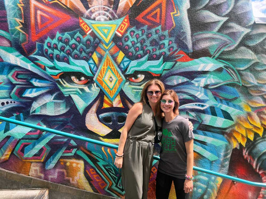 Heather & Sheri posing at Coyote Cantina in Santa Fe, NM after lunch