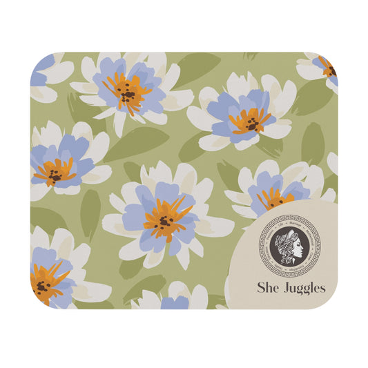 White Floral She Juggles Mouse Pad