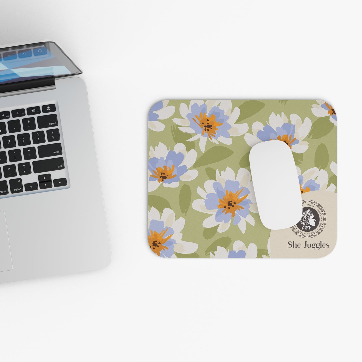 White Floral She Juggles Mouse Pad